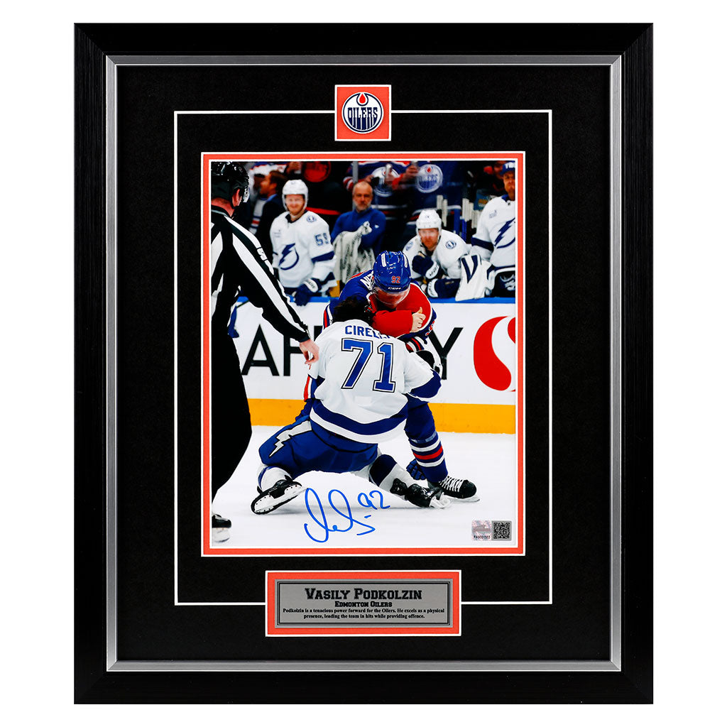 Vasily Podkolzin Signed Edmonton Oilers Fighting 8x10 Framed Photo
