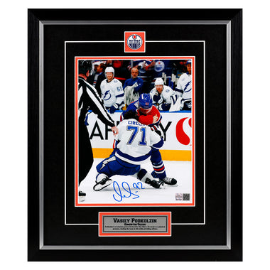 Vasily Podkolzin Signed Edmonton Oilers Fighting 8x10 Framed Photo