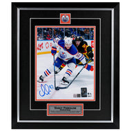 Vasily Podkolzin Signed Edmonton Oilers White Road Action Protecting The Puck 8x10 Framed Photo