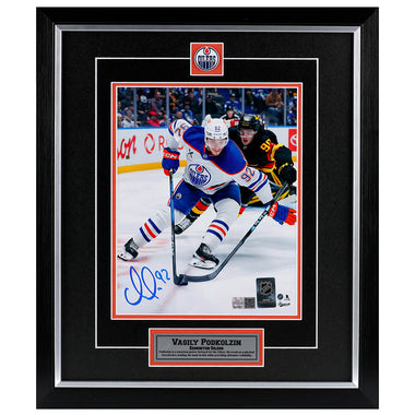 Vasily Podkolzin Signed Edmonton Oilers White Road Action Protecting The Puck 8x10 Framed Photo