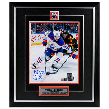 Vasily Podkolzin Signed Edmonton Oilers White Road Action Protecting The Puck 8x10 Framed Photo