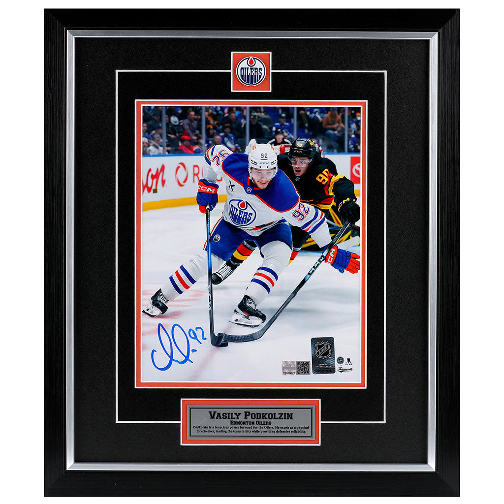 Vasily Podkolzin Signed Edmonton Oilers White Road Action Protecting The Puck 8x10 Photo