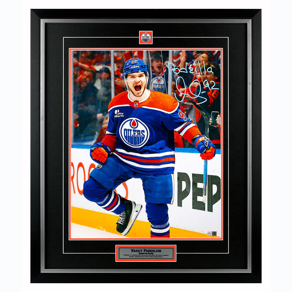 Vasily Podkolzin Signed and Inscribed Edmonton Oilers Home Action Celebration 16x20 Framed Photo