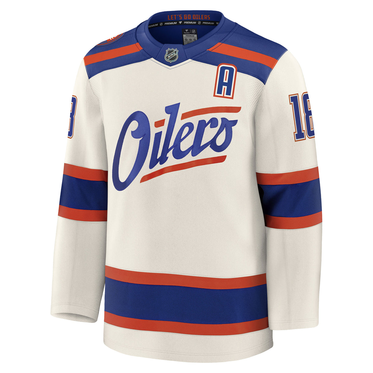 Zach Hyman Hebrew Letters Edmonton Oilers Fanatics Premium Alternate Jersey ON ICE Cresting