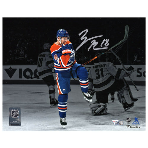 Zach Hyman Signed Edmonton Oilers Blue Celebration Spotlight 8x10 Photo