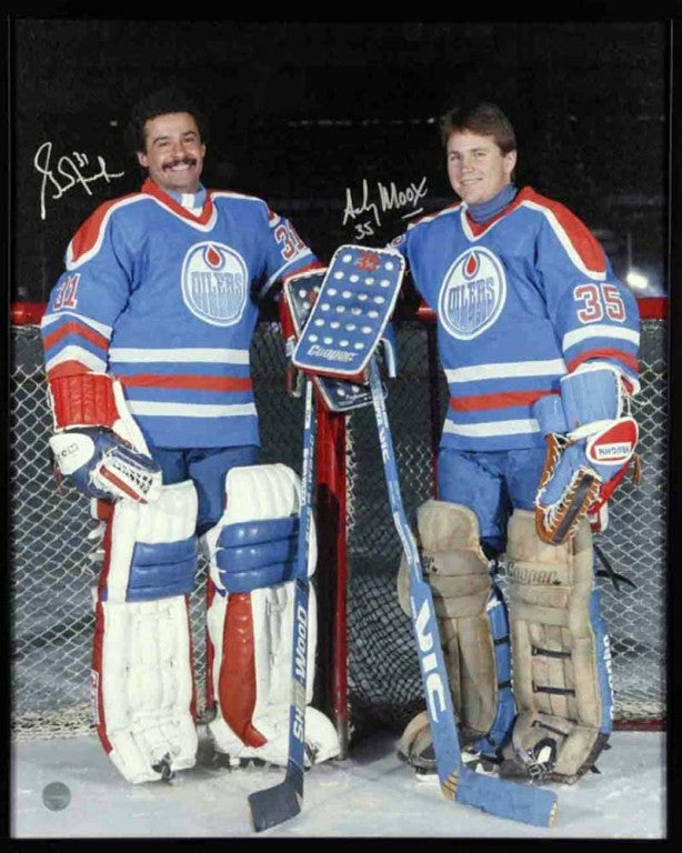 Grant Fuhr & Andy Moog Edmonton Oilers Dual Signed 16x20 Canvas Frame