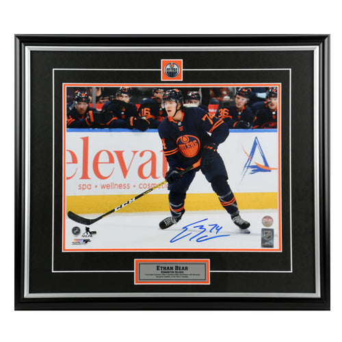 Ethan Bear Signed Edmonton Oilers Navy At The Point 11x14 Photo