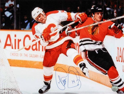 Theoren Fleury Autographed Calgary Flames 8X10 Photo (White Jersey)