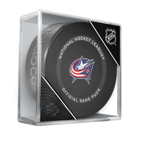 2021-22 Official Columbus Blue Jackets NHL game puck, puck design features team logo in the centre. Puck is shown in a clear acrylic puck case. 