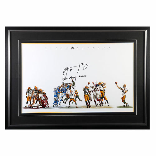 Framed photo of football games autographed by Aaron Rodgers with "Hail Mary King" inscription 