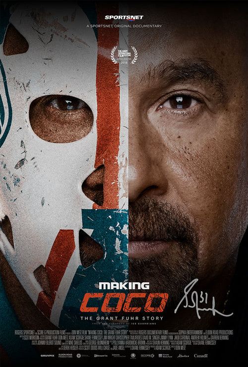 Film poster for "Making Coco" featuring photo of NHL hockey player Grant Fuhr, one side of his face partially covered by a white, navy and orange goalie's mask. Bottom of poster has film credits. Poster is signed in silver ink by Grant Fuhr