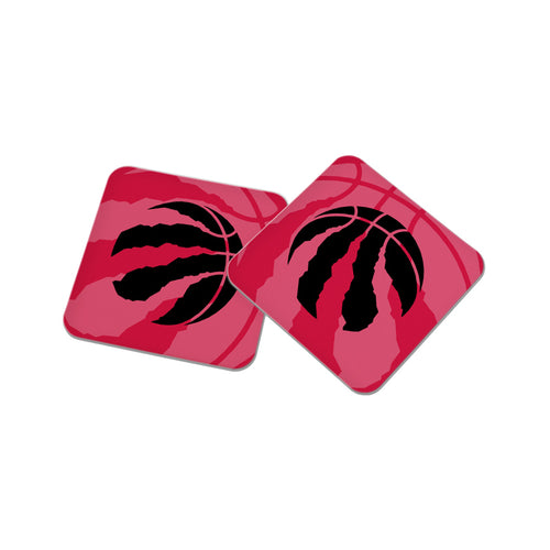 Two square red ceramic coasters with black Toronto Raptors NBA  basketball logo in black