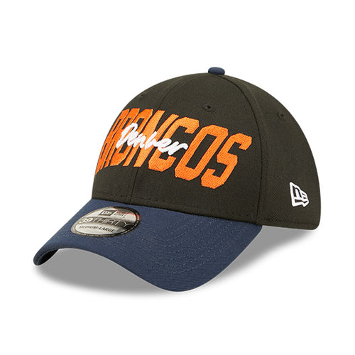 Angled front view of 2022 Denver Broncos NFL Draft cap from New Era. Design features embroidered team name on front panels; body of cap is constructed in black with contrasting team colour brim and embroidery.