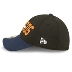 Left side view of 2022 Denver Broncos NFL Draft cap from New Era. Design features embroidered team name on front panels; body of cap is constructed in black with contrasting team colour brim and embroidery.