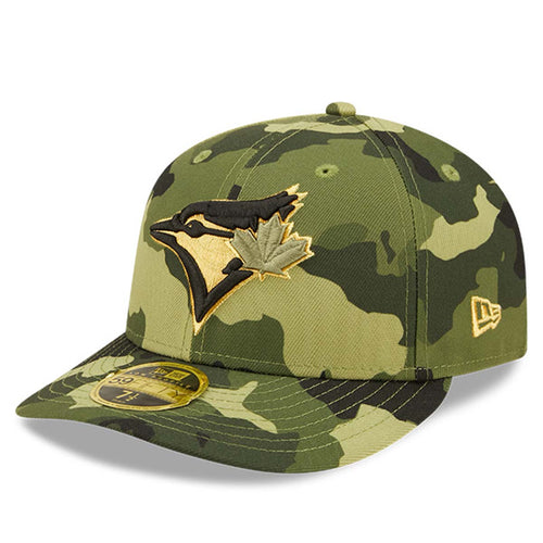 Angled left view of the New Era's Toronto Blue Jays 2022 Armed Forces Day Low Profile 59Fifty hat. Hat is constructed in camo print fabric and has raised embroidery team logo on front in black, gold and green. The New Era logo is embroidered on the left side of the cap in gold. 