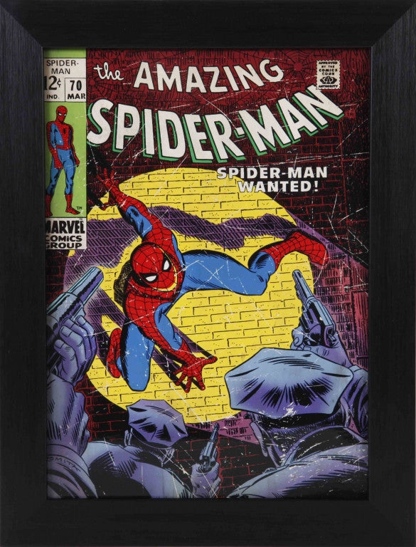 Framed cover of the Amazing Spider-Man comic #70. Spiderman show on wall crouching from police, text reading "Spider-Man Wanted!"