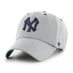 Front view of New York Yankees Full Count '47 Clean Up Cap in light grey twill with navy raised embroidery logo