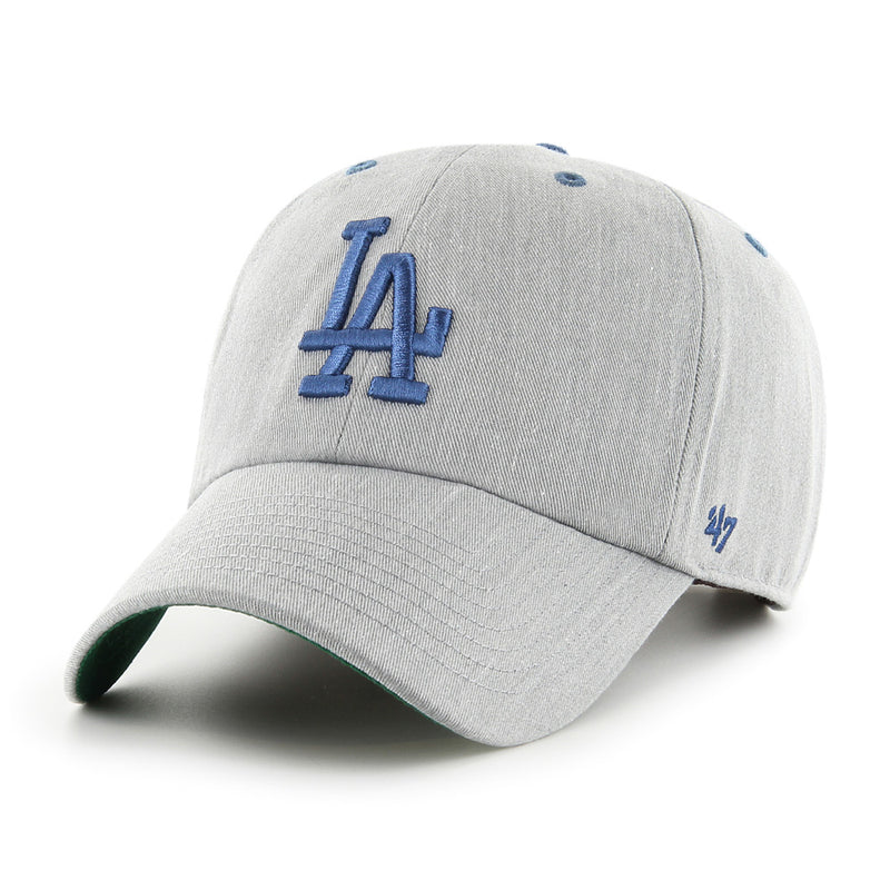 Front view of light grey Los Angeles Dodgers Full Count '47 Clean Up Cap with blue "LA" logo in raised embroidery