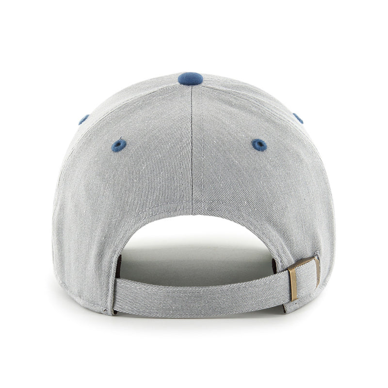 Back view of Los Angeles Dodgers Full Count '47 Clean Up Cap showing blue button and matching self-fabric strap with brass buckle for adjustment