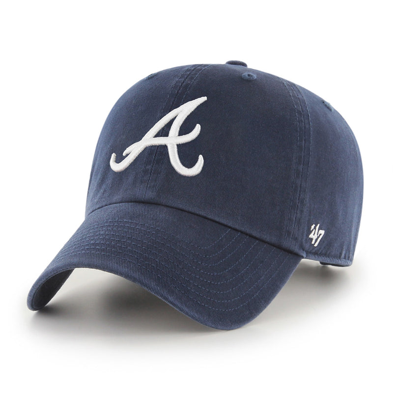 Front view of the Atlanta Braves '47 Clean Up Cap in navy cotton twill with raised embroidery logo in white. 