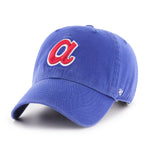 Front view of the Atlanta Braves Cooperstown '47 Clean Up Cap. Sewn with blue cotton twill, the hat features the Braves' Cooperstown logo in raised red and white embroidery. 