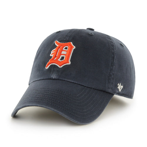 Front view of the Detroit Tigers Cooperstown '47 Clean Up Cap. Sewn with cotton twill, the hat features the Tigers logo in raised orange and white embroidery. 