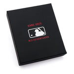 Gift box packaging for Toronto Blue Jays game used uniform money clip wallet. Black gift box features MLB logo in white on the centre with text "Game Used, MLB Authenticated" above and below in red. 