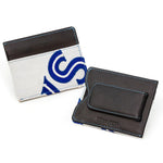 Front and back views of the Toronto Blue Jays game used uniform money clip wallet. Wallet is constructed from leather and game used uniforms.