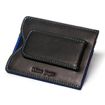 Back side of a Toronto Blue Jays game used uniform money clip wallet by Tokens and Icons. Wallet back includes secure money clip and embossed team name along the bottom edge. Blue Jays wallet has contrast edge stitching in light blue. 