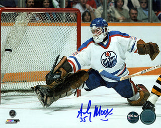 Andy Moog Edmonton Oilers Signed Home White Action Kick Save 8x10 Photo