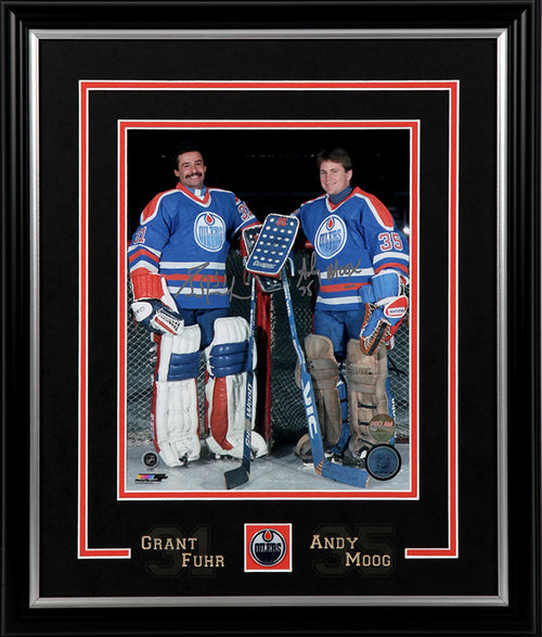 Grant Fuhr & Andy Moog Dual Signed Edmonton Oilers 8x10 Photo Net Pose