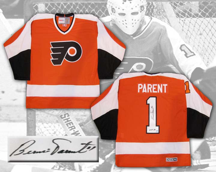 Front and back views of signed Bernie Parent Philedelphia Flyers orange CCM replica jersey with inset detail photo of the autograph