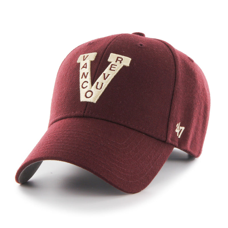 Vancouver Millionaires Replica '47 MVP Cap. Sewn with burgundy cotton twill, the hat features the Vancouver Millionaire logo in raised embroidery.
