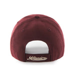 Back view of the Vancouver Millionaires Replica '47 MVP Cap. Hat is sewn with burgundy cotton twill and features a velcro strap for size adjustment, the strap includes "Millionaires" team name embroidered. 