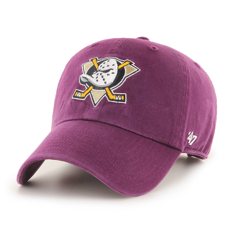 Front view of purple cotton twill hat with Anaheim Ducks mighty duck logo on front 