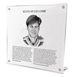 Front view of replica Hockey Hall of Fame plaque of Kevin Lowe, featuring black and white illustrated portrait and biography in English and French. Made from acrylic with metal hanging hardware