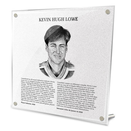 Front view of replica Hockey Hall of Fame plaque of Kevin Lowe, featuring black and white illustrated portrait and biography in English and French. Made from acrylic with metal hanging hardware