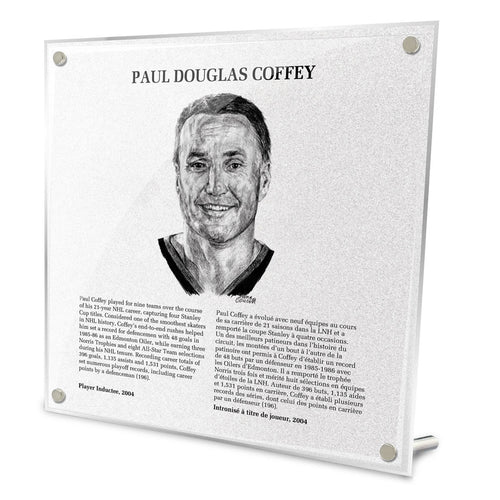 Front view of replica Hockey Hall of Fame plaque of Paul Coffey, featuring black and white illustrated portrait and biography in English and French. Made from acrylic with metal hanging hardware