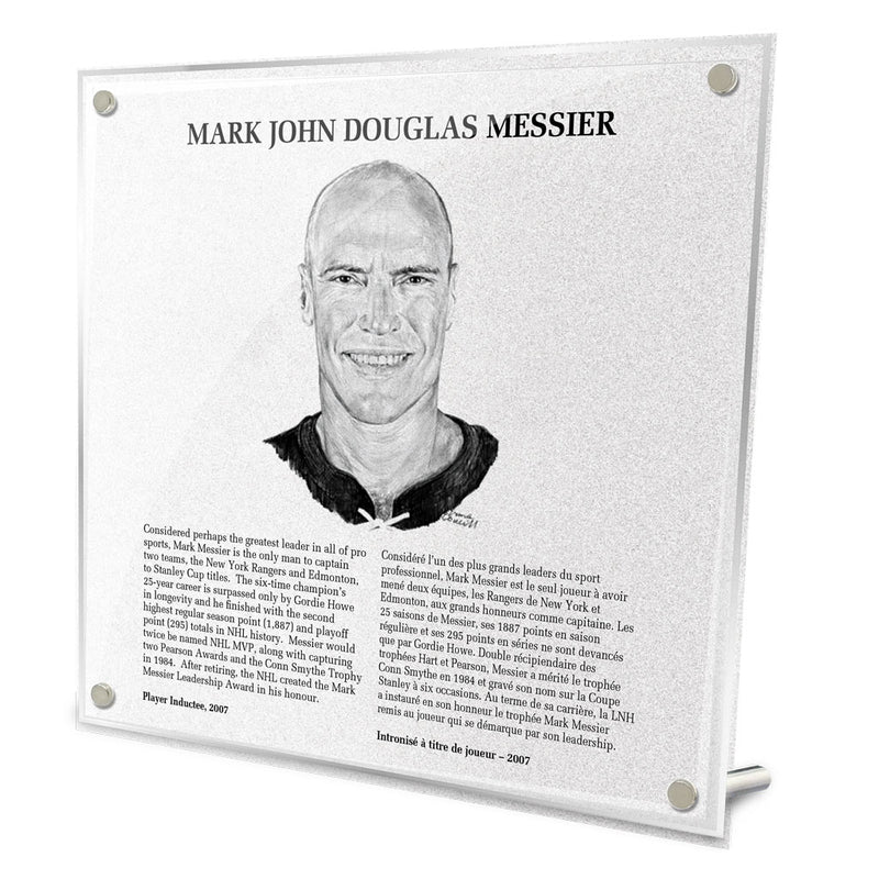Front view of replica Hockey Hall of Fame plaque of Mark Messier, featuring black and white illustrated portrait and biography in English and French. Made from acrylic with metal hanging hardware