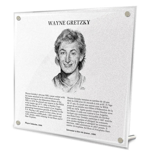 Front view of replica Hockey Hall of Fame plaque of Wayne Gretzky, featuring black and white illustrated portrait and biography in English and French. Made from acrylic with metal hanging hardware