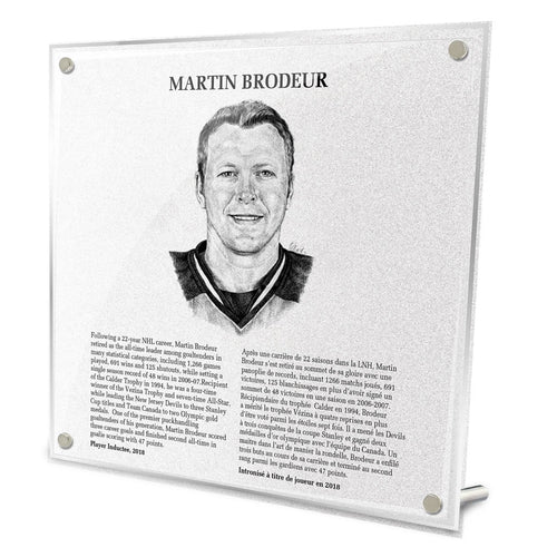 Front view of replica Hockey Hall of Fame plaque of Martin Brodeur, featuring black and white illustrated portrait and biography in English and French. Made from acrylic with metal hanging hardware