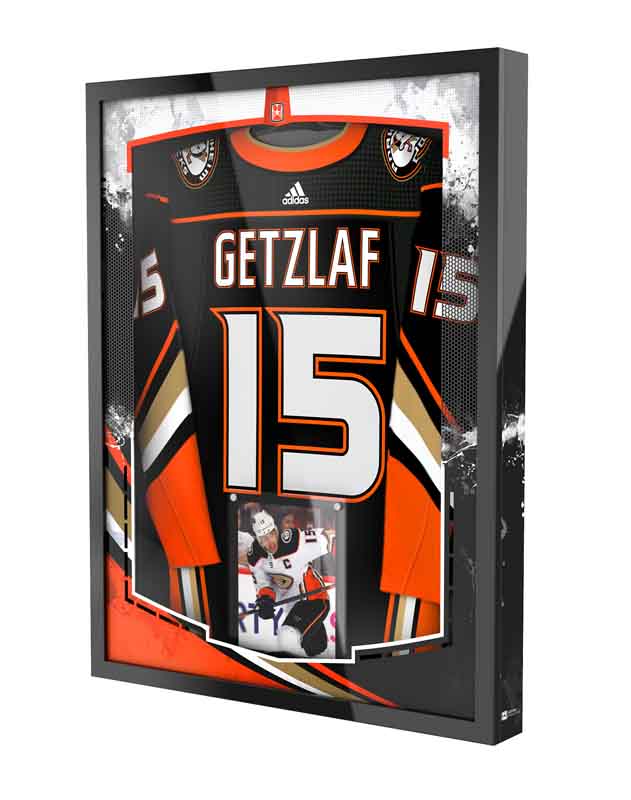 All Star Jersey Show Case framing display system featuring Ryan Getzlaf Anaheim Ducks team colours and displaying an Anaheim Ducks home jersey