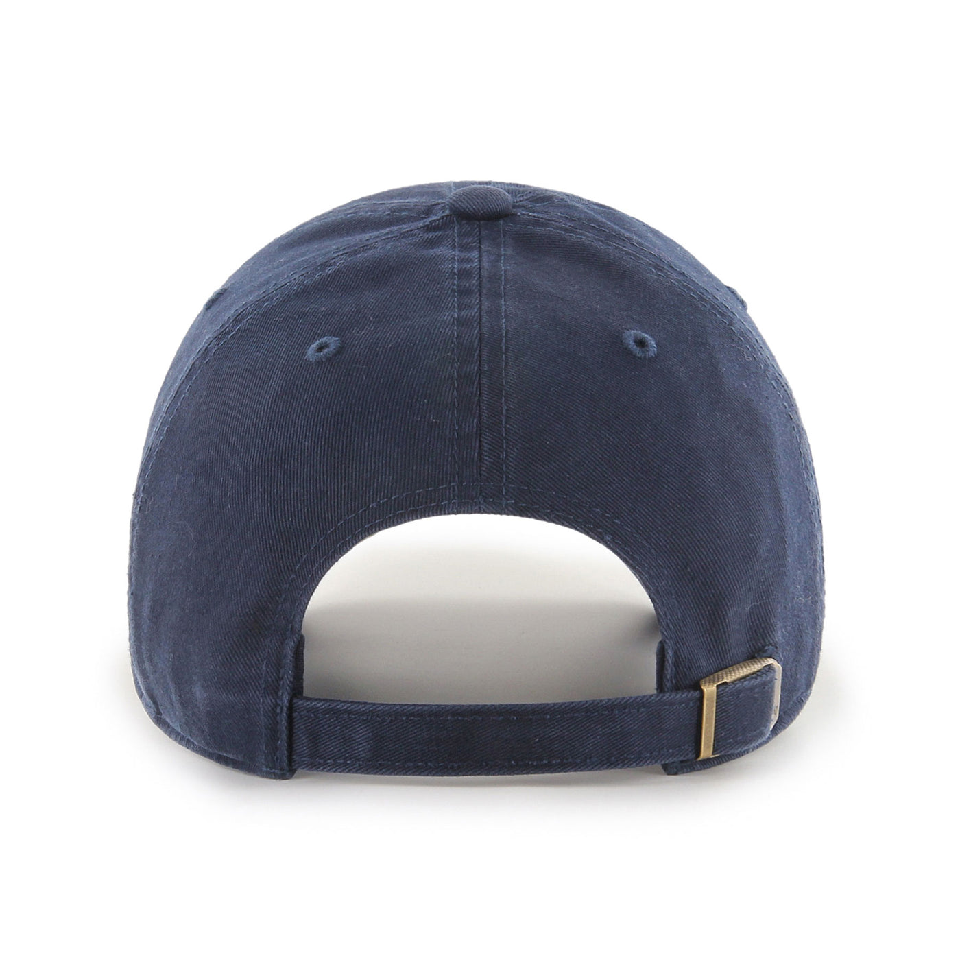 Back view of a blue cap with brass clasp