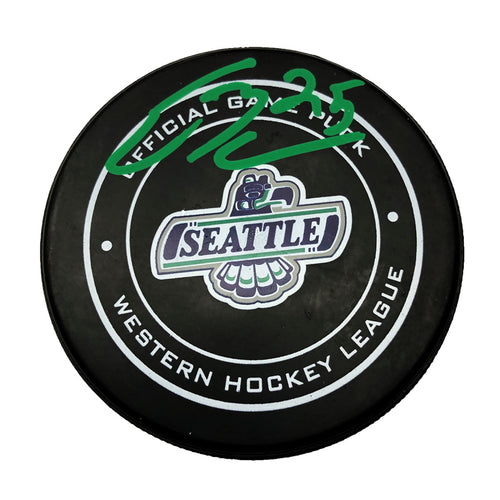 Black WHL Seattle Thunderbirds official game puck, signed by Ethan Bear in green ink. 