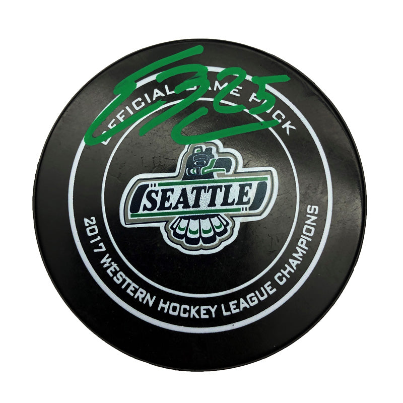 Black WHL Champions game puck with Seattle Thunderbirds logo. Signed by Ethan Bear in green ink'