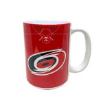 Front of Ethan Bear Carolina Hurricanes mug with red jersey design