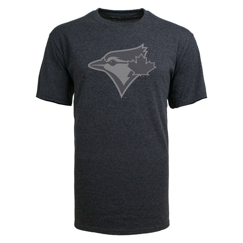 Charcoal grey t-shirt with Toronto Blue Jays logo in monochromatic greys on the chest. 