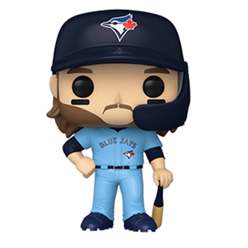 Funko Pop figurine of Toronto Blue Jays player Bo Bichette with bat, wearing navy helmet and sky blue Blue Jays uniform. 