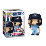 Funko Pop figurine of Toronto Blue Jays player Bo Bichette with bat, wearing navy helmet and sky blue Blue Jays uniform.  Figurine is shown both in and out of packaging. Box features illustration of the Funko POP, as well as Blue Jay and MLB branding 