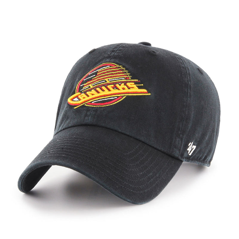 Black '47 Clean Up cap featuring embroidered full colour Vancouver Canucks logo. Hat is shown on a white background.